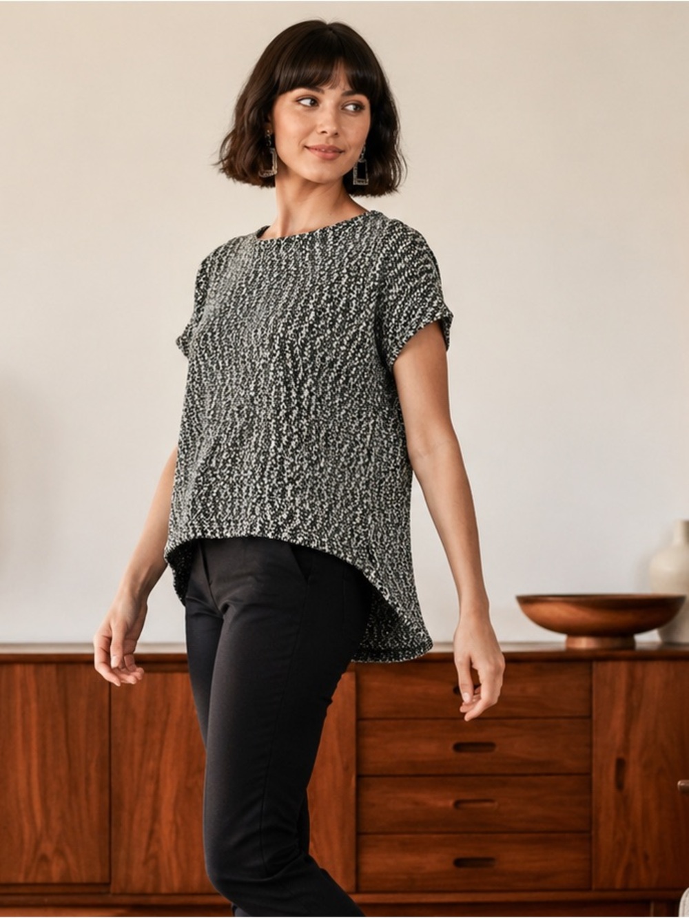 Paper Crane Black White Metallic Bouclé Knit Dolman Hi-Low Top Medium